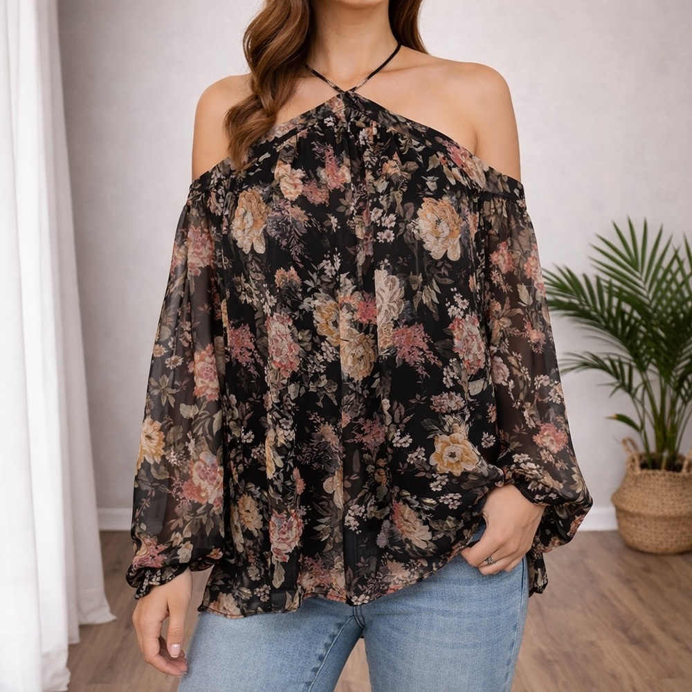 Bailey 44 Floral Cold Shoulder Halter Blouse Romantic Women Size Medium Coquette